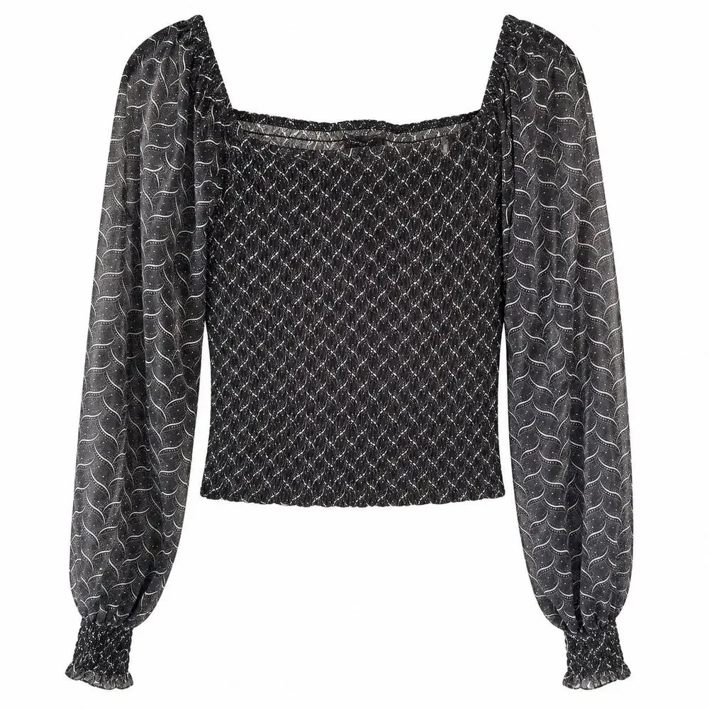 Anthropologie Black Smocked Square Neck‎ Puff Sleeve Whimsygoth XSmall Fairy